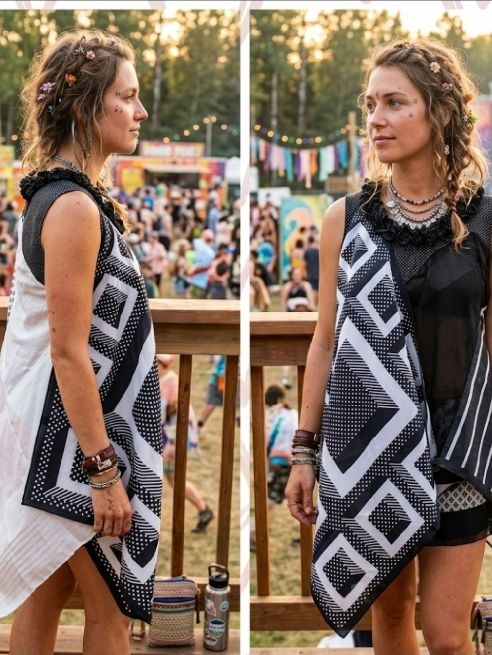 Upcycled scarf top tunic S-M dots & stripes artsy festival flowy fairy